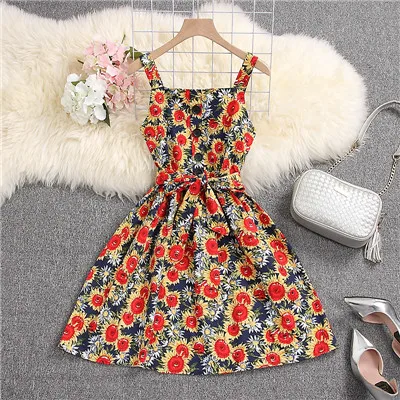 Кораллово-Красный ALPHALMODA, летнее платье на бретелях с цветочным рисунком, однобортное, с высокой талией, с поясом, для девушек, повседневное, милое, сарафан, M-L - Цвет: Кораллово-Красный