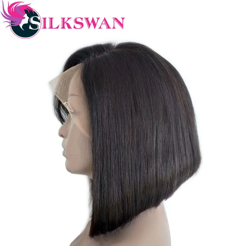

Silkswan Straight Brazilian Customized 12 Inch Bob wigs Side Part with Bangs Remy Hair Lace Front Human Hair Wigs For Women