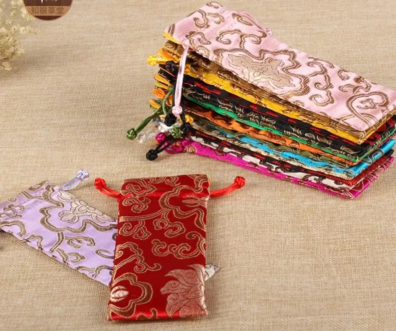 5 pcs 7x18CM,Drawstring Bag Silk Pocket jewelry pouches propitious cloud pattern mixed color Chinese traditional silk bag
