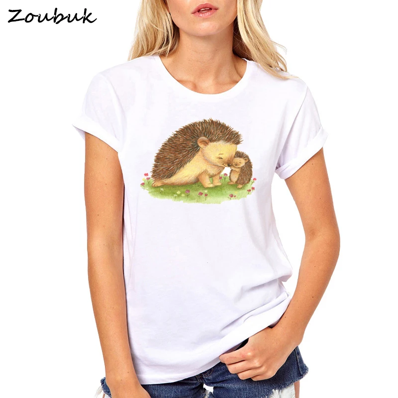 

New arrival Hedgehog Baby and Mummy Design white t shirt women tshirt female summer top animal print t-shirts drop shipping