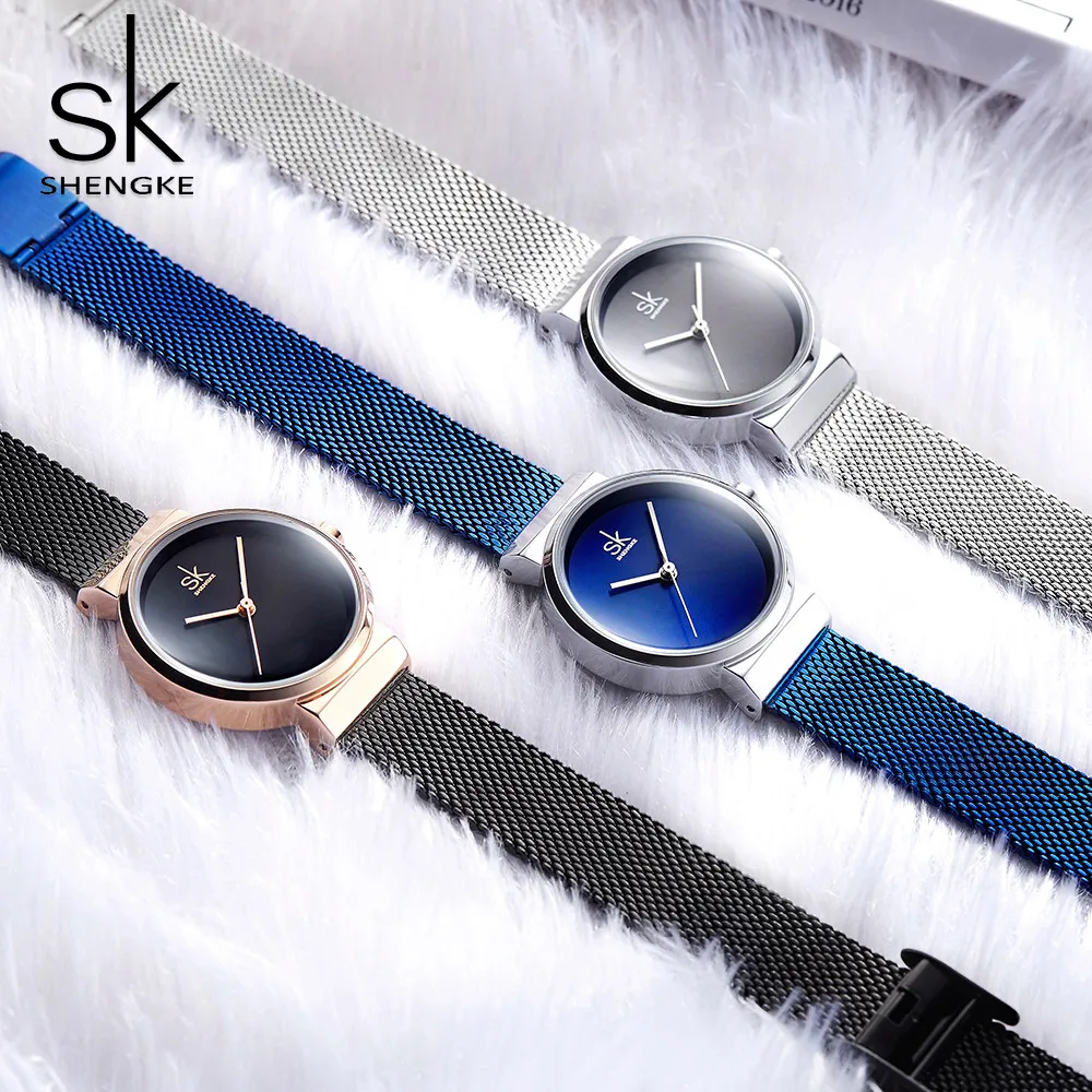 

Shengke Blue Wrist Watch Luxury Brand Steel Women Watches Relogio Feminino Montre Femme Silver Mesh Strap Ladies Quartz Clock