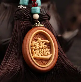 

Chinese Boxwood Carved Double Tassel Pendant Bring In Wealth And Treasure Blessing Word Card Exquisite Car Pendant Statue Gift