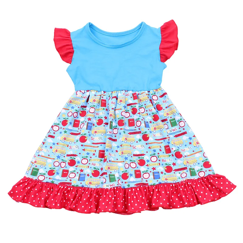 Back To School Girl Dress Summer Kids Boutique Clothing Apple Printed Children Blue Red Dot Baby Girls cotton Dresses | Детская одежда