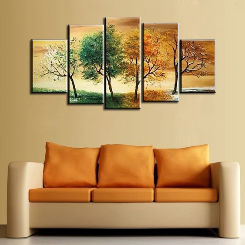 

High Quality Hand Painted 4 Season Tree Oil Painting White Green Red Landscape 5 Pcs Canvas Wall Art Set Modern Abstract Picture