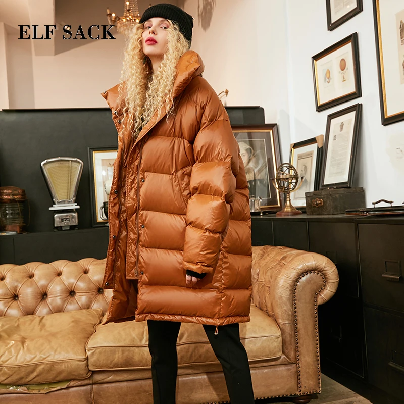 ELF SACK New Winter Woman Coat Solid 90% Duck Down Jackets Long Sleeve Warm Womens Outwear Parkas for Women Winter Streetwear