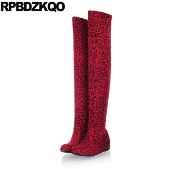 

Slim 12 44 Over The Knee Sexy Thigh High Boots For Plus Size Women Height Increased Suede Leopard Print Stretch Red Low Heel