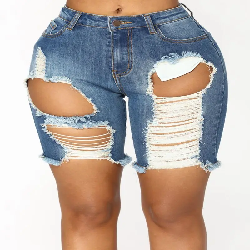 

2019 Summer Sexy Ripped Destroyed Holes Hollow Out Denim Shorts High Waist Skinny Jeans Shorts Casual Elastic Short Plus Size