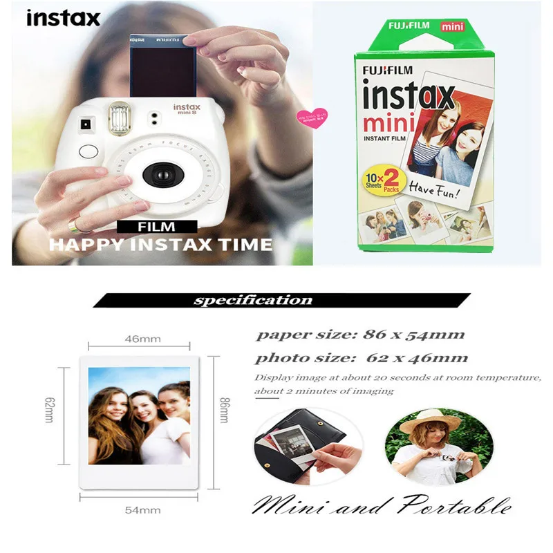 Пленка Fujifilm Instax Mini 10 20 30 40 50 60 100 листов 3 дюйма для мини 9 Polaroid FUJI Instant Photo camera mini 9 8 7s 70 90