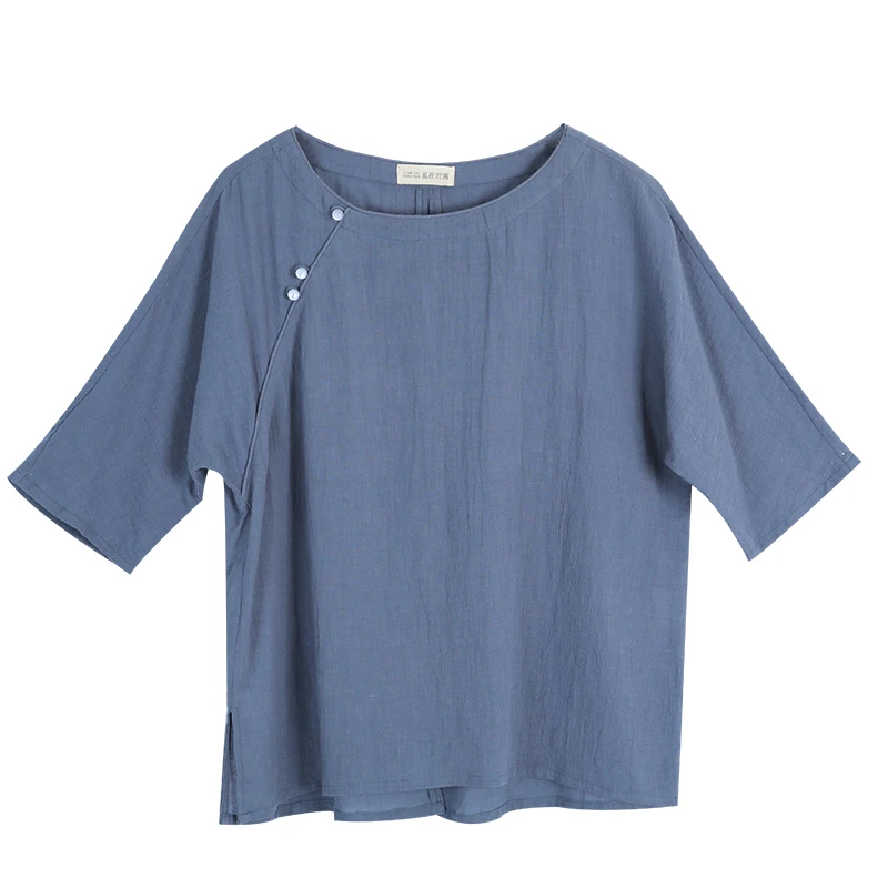 LZJN  Women Shirts Chinese Style 2019 Summer New Casual Blouses Beaded Half Sleeve Loose Cotton Linen Tops (7)