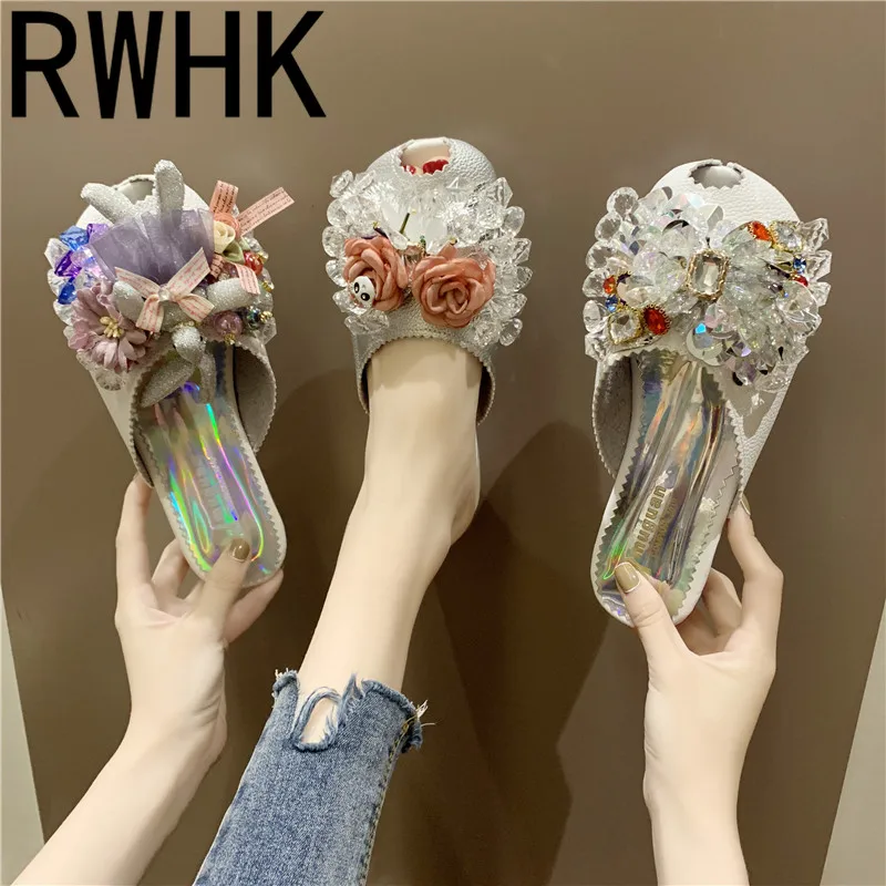 

RWHK 2019 Baotou half slippers female summer fashion wear summer explosion models crystal rhinestone fish mouth slippers B145