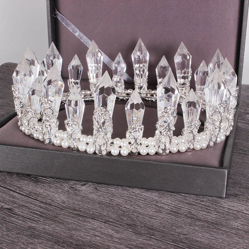 

New Silver Color Round Luxury Tiara For Queen Wedding Crown Bridal Pearls Diadem Large Round Royal Crown Head Hair Accessories