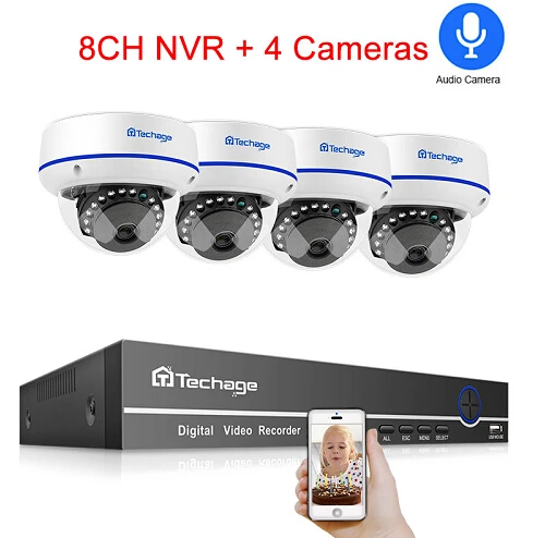 Techage H.265 8CH 1080P CCTV система безопасности 2.0MP POE NVR комплект аудио купольная Крытая POE ip-камера P2P ONVIF комплект видеонаблюдения - Цвет: 8CH NVR and 4 Camera