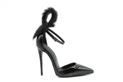Популярные туфли-лодочки высокий тонкий каблук острый носок женские туфли на шпильке меха декоративная пряжка модельная обувь Для женщин