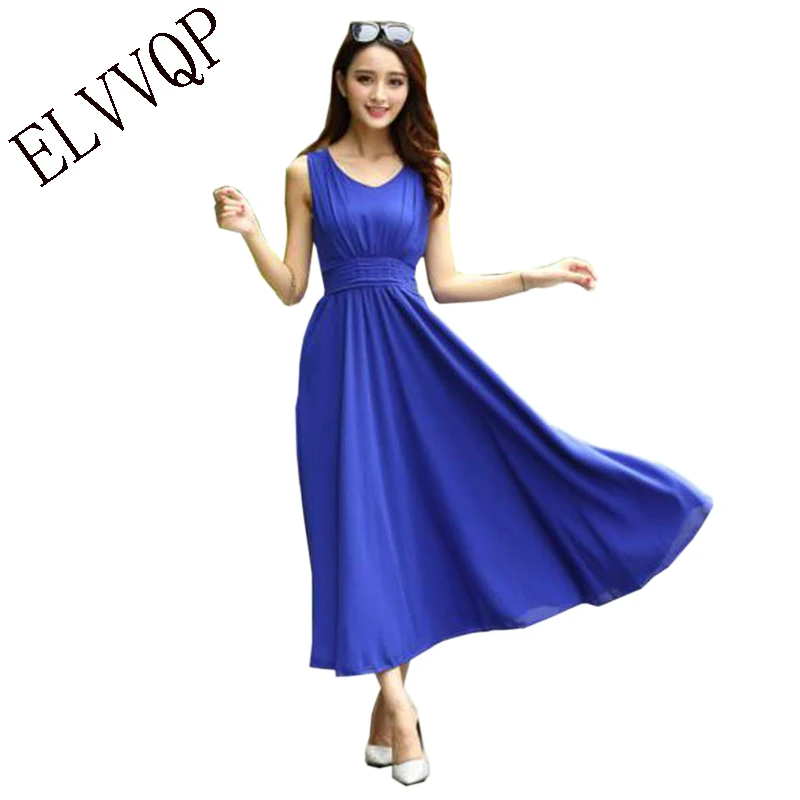 

2018 New Summer Chiffon Long Maxi Beach Dress Bohemian Sleeveless Sundress Fashion Slim Sexy V-neck Draped dress Vestidos WF002
