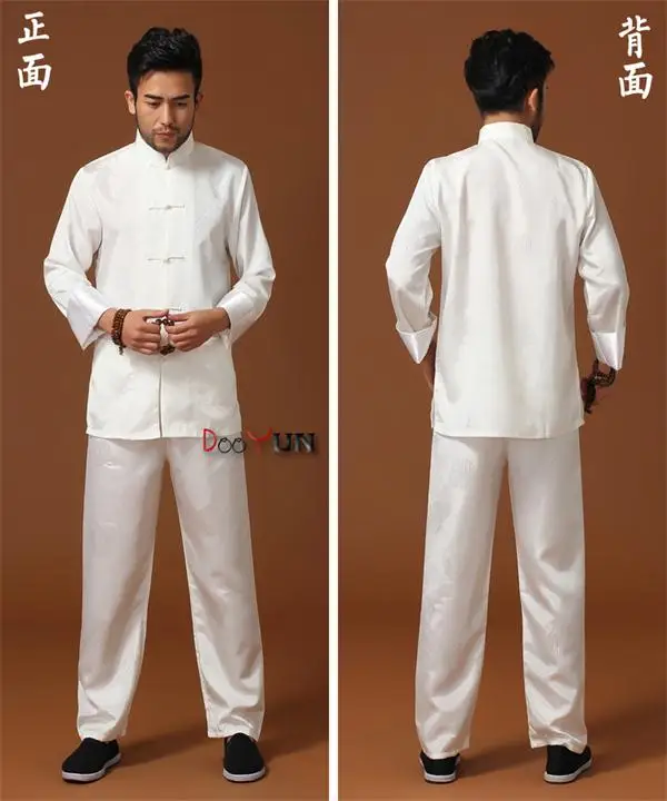 Лидер продаж белый китайский Для мужчин Кунг фу равномерное шелковый атлас Тай Чи Ву костюм для у-шу Винтаж Кнопка Костюмы M L XL XXL XXXL - Цвет: Белый