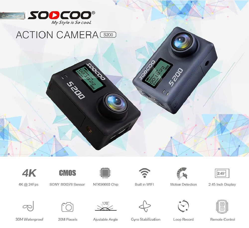 SOOCOO S200 Спортивная Экшн камера Ultra HD 4K 20MP NTK96660 Chip Cam IMX078 сенсор WiFi Gryo Голосовое