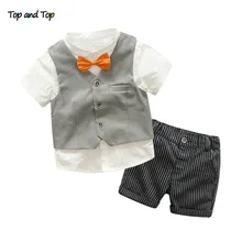Топ и топ, летний комплект одежды для мальчиков, повседневная одежда для мальчиков, хлопковая рубашка с короткими рукавами и галстуком-бабочкой+ жилет+ шорты в полоску, детская одежда для мальчиков