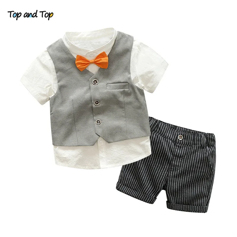

Top and Top Summer Boys Clothing Set Casual Boy Clothes Cotton Short Sleeve Bow Tie Shirt+Vest+Striped Shorts Kids Boys Clothes