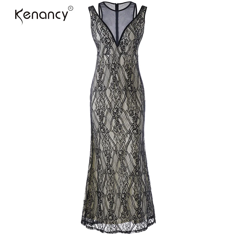 Kenancy 5XL Plus Size Sexy Sheer Back Mesh Insert Lace Dress Women Party Floor Length Plunging 