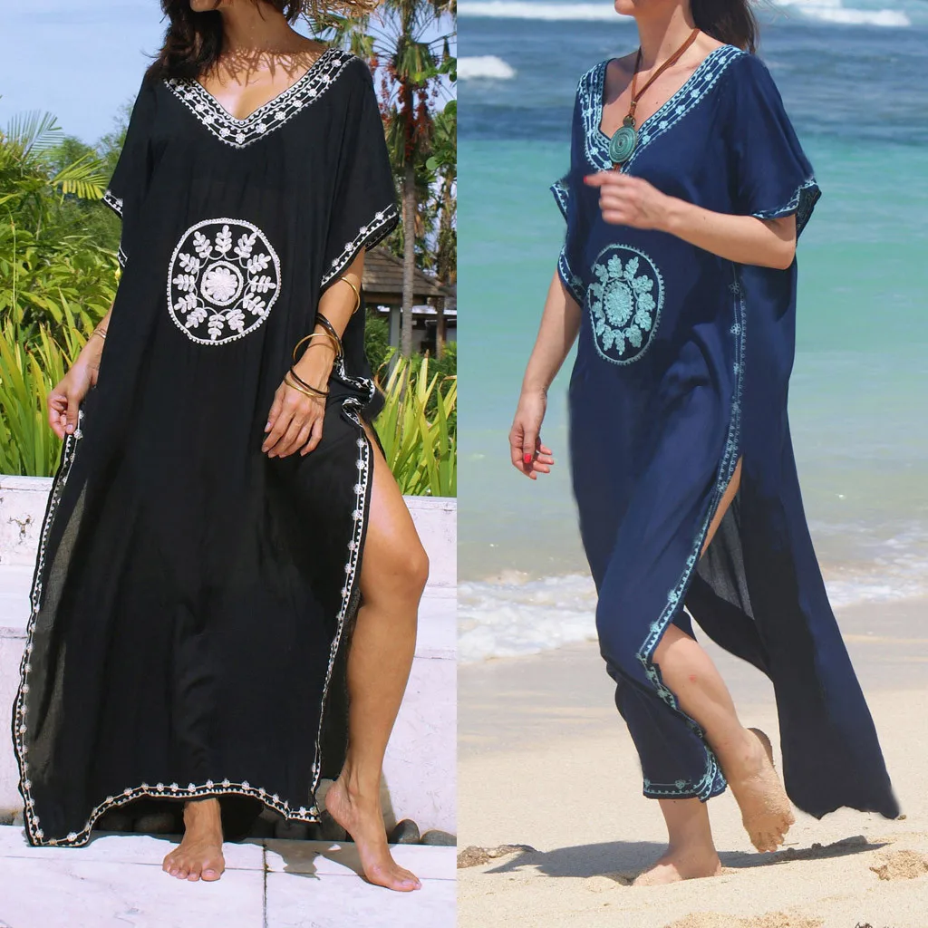 

Women Embroidery Cotton Beach Cover up Swimsuit Tunics for Beachwear Ladies gown-style beach skirt bikini blouse 2019 New A30429