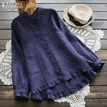 

Vintage Ruffle Shirts Women Cotton Tops 2021 ZANZEA Female Lapel Casual Tunic Blusas Woman Button Down Shirt Chemise