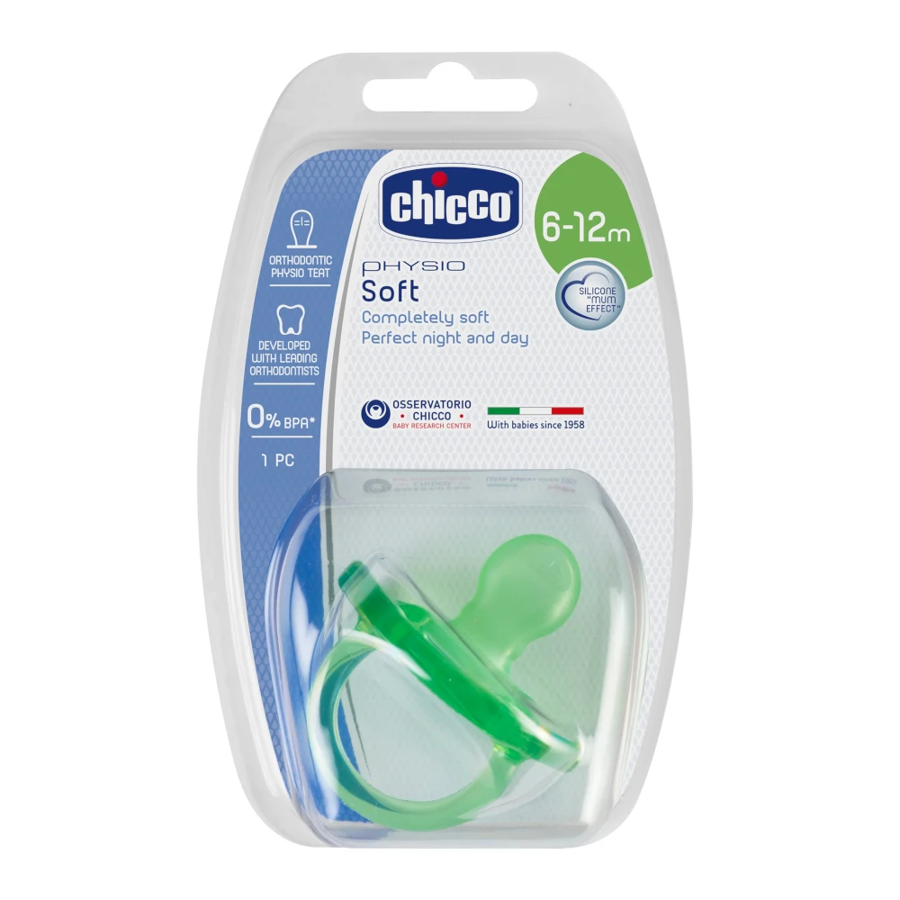 Пустышка Chicco Physio Soft, 1 шт., 6-12 мес., силикон, голубая