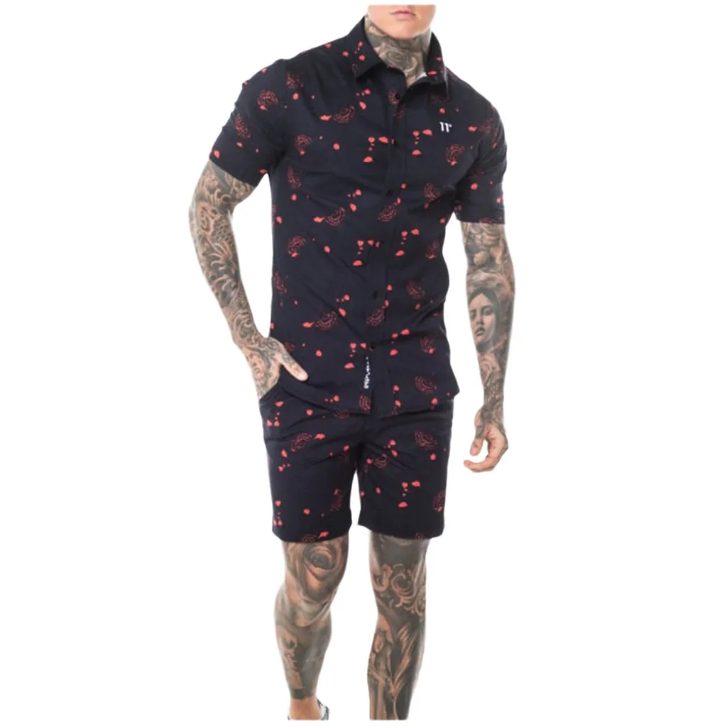 KLV Men's Sets Men Street Shirt and Shorts Summer Bohemia Style Printed Outfit Two Piece Sets Sleeve Sport Quality hot sale 9613