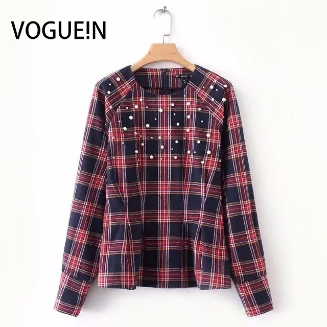

VOGUEIN New Womens Plaid Print Pearls Beaded Long Sleeve Pullover Shirt Blouse Tops Wholesale