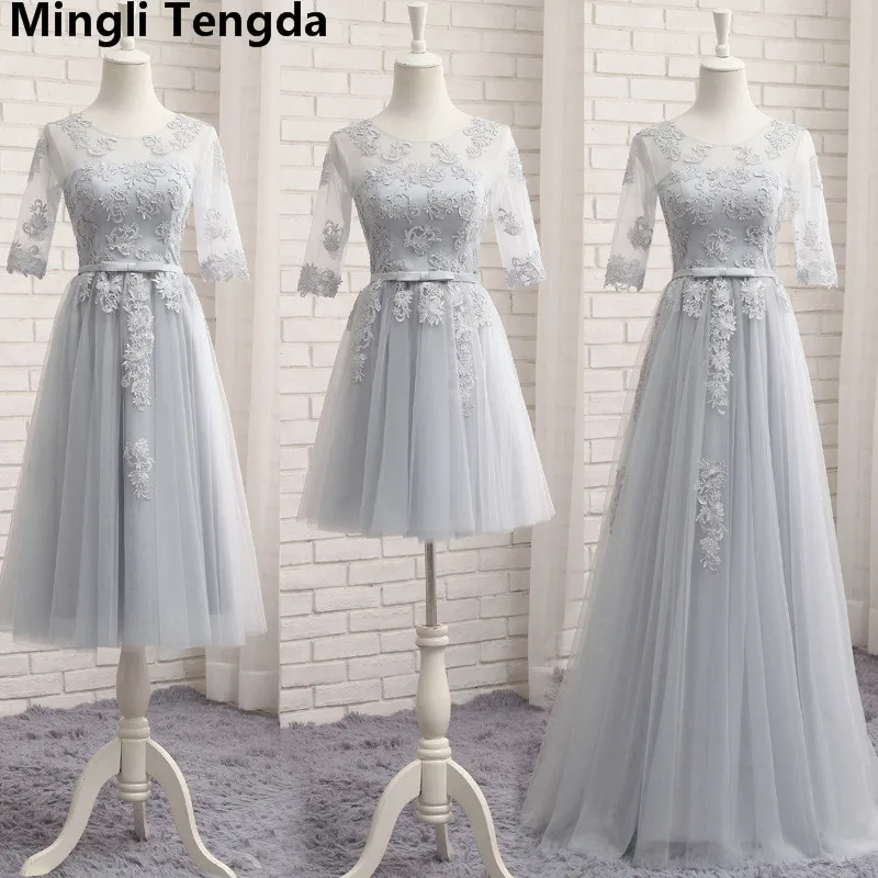 

Gray Bridesmaid Dress Floor-Length A Line Bridesmaid Dresses O-Neck Lace Dress Gown 2018 robe demoiselle d'honneur Mingli Tengda
