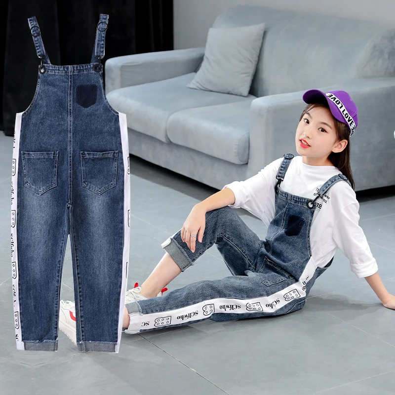 

Kids denim overalls 2018 autumn big girls cowboy striped pants children Korean belt trousers 3 to 14 years baby jeans clothes