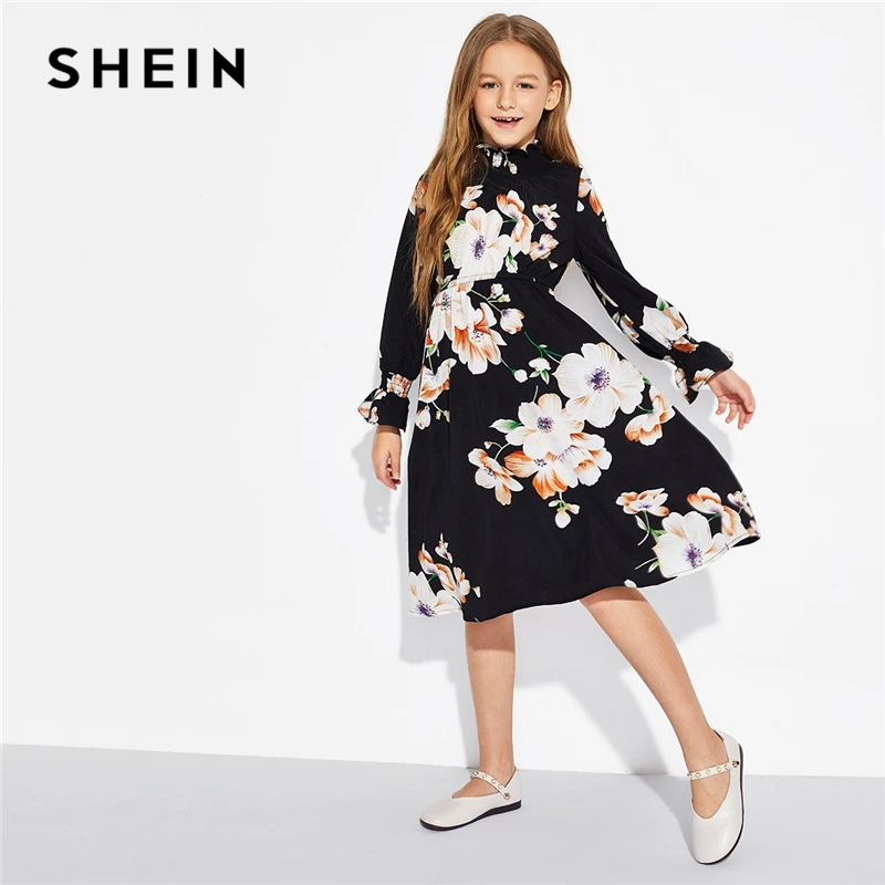 Kopen SHEIN Meisjes Bloemenprint Stand Kraag Elegante Jurk Kinderen Kleding 2019 Lente Koreaanse Lange Mouwen EEN Lijn Casual Jurken