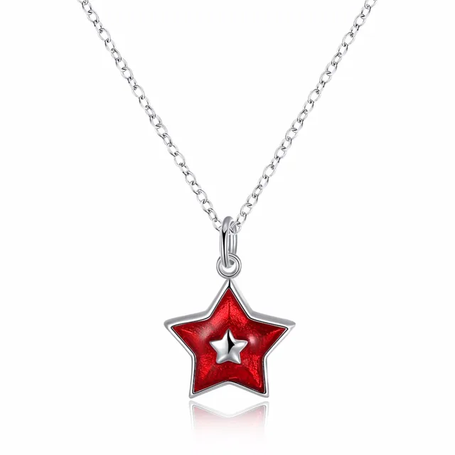 Free Shipping Fashion 925 Sterling Silver Necklace Enamel Red Five Free shipping fashion 925 sterling silver necklace enamel red five-pointed star pendant necklace Christmas - Free Shipping Fashion 925 Sterling Silver Necklace Enamel Red Five