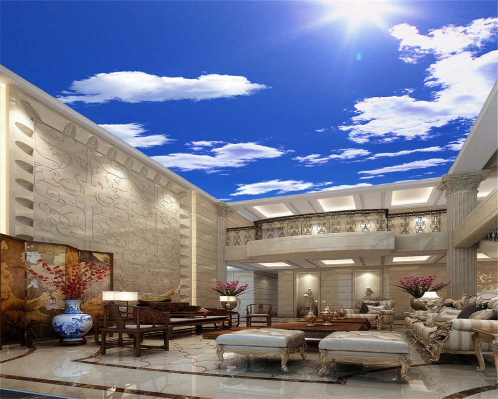beibehang papel de parede Custom HD Wallpaper Large Blue Sky White Clouds Sunlight Ceiling Zenith Mural 3d wallpaper | Обустройство