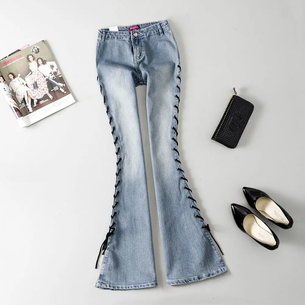 Модные женские джинсы со средней талией и поперечными вставками; женские ботинки; джинсовые брюки с вырезами; винтажные узкие расклешенные джинсы с пихтой; 021308