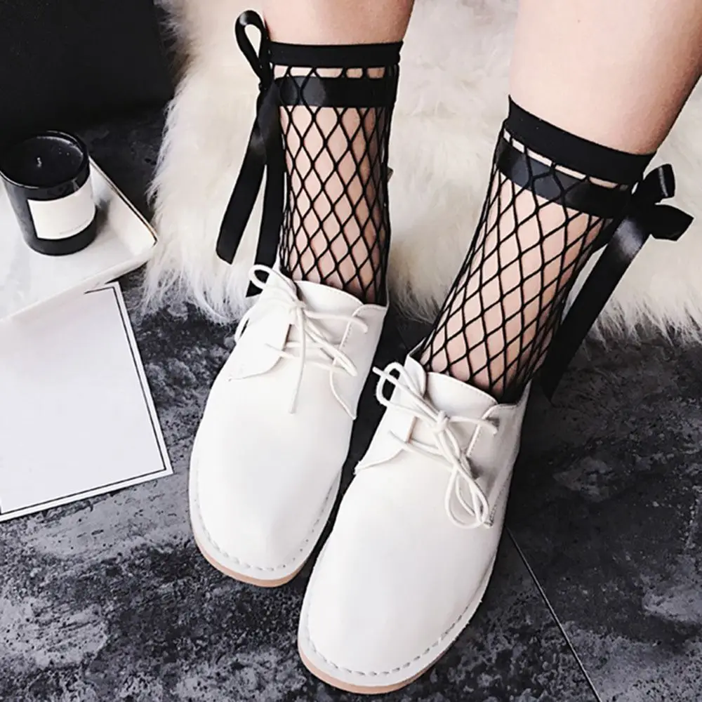 

Summer Fashion Women Sexy Harajuku Fishnet Socks Bow Tie Mesh Fish Net Short Socks Anti-skid Invisible Liner Ankle High Socks
