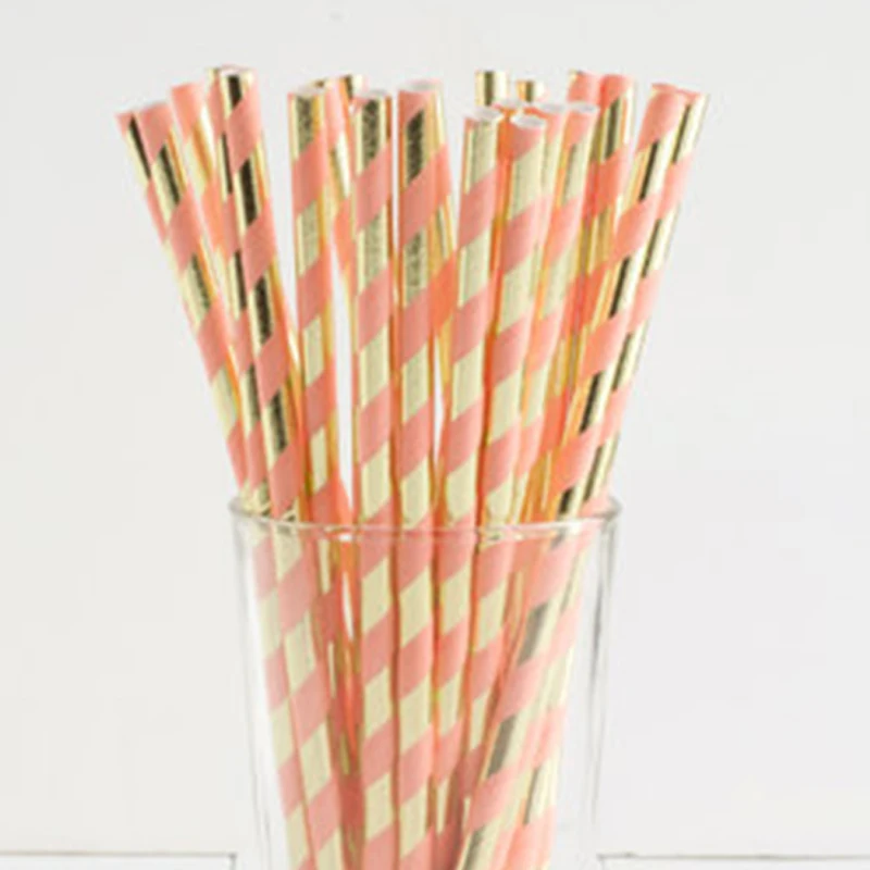 Pink Foil Gold Striped Party Supplies Disposable Tableware Sets Lattice Paper Plate Cups Napkins For Wedding Baptism Decor