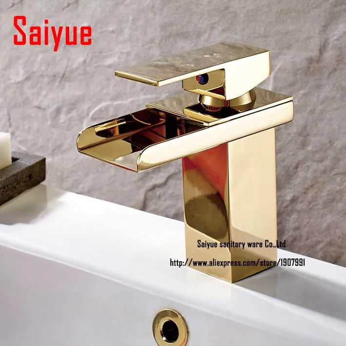 

Luxury golden plating Single Handle / Hole Bathroom Sink Faucet Waterfall Spout Mixer Water Taps for Toilet Washing Basin