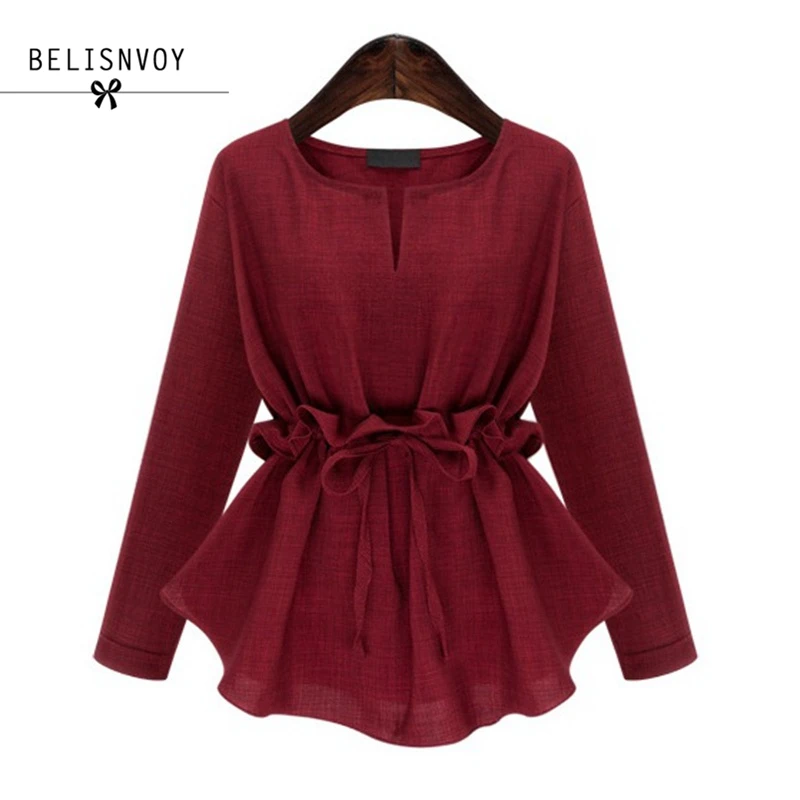 XL-5XL 2019 весна осень Женская мода Повседневный v-образный вырез оборки пояса длинный рукав хлопок и лен плюс размер футболка Топы