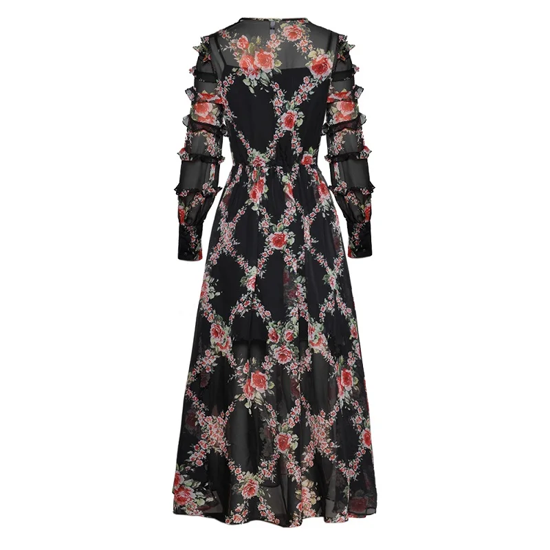Long Dress 2019 Spring Summer High Quality Women O-Neck Charming Flower Print Lace Appliques Patchwork Long Sleeve Dress Maxi
