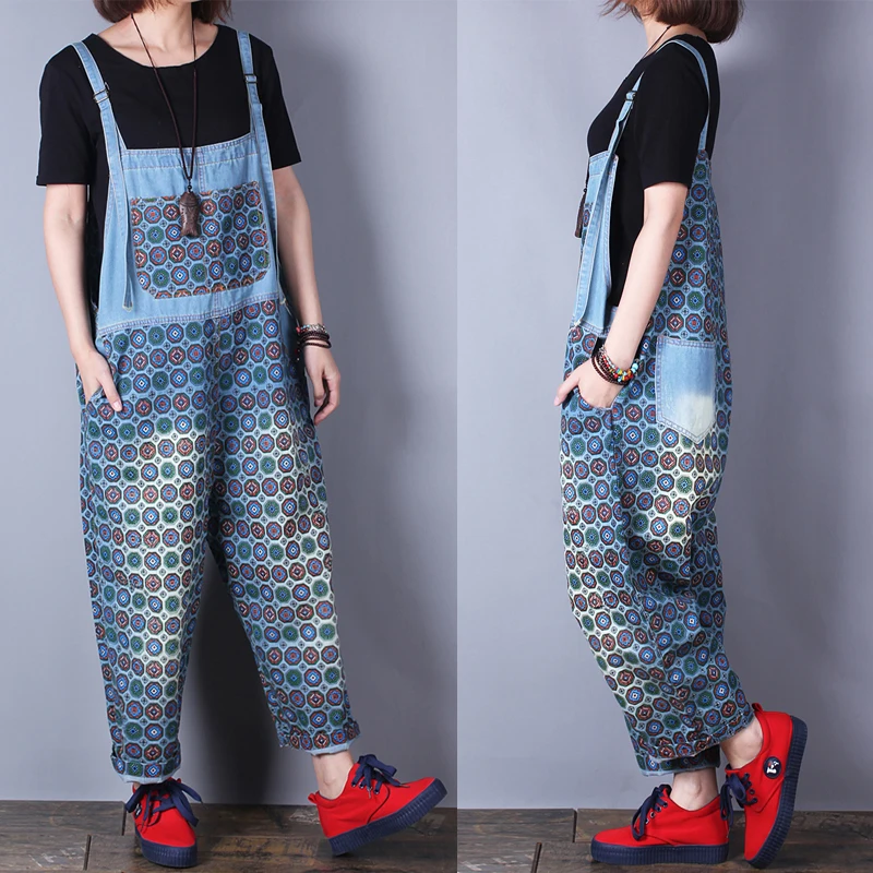 Free Shipping 2019 Fashion Ladies Print Overalls Wide Leg Cotton Loose Jumpsuits And Rompers With Pockets Ankle Length Jumpsuits free shipping 2019 new fashion overalls sleeveless denim loose jumpsuits and rompers with pockets wide leg women trousers