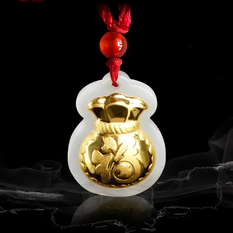 

2019 new natural Hetian jade fu bag pendant for men and women 24K gold inlaid white jade Fu Lu Shou necklace pendant jewelry gif
