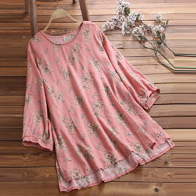 Hot Sale Beautiful Women Blouse Baggy Floral 3/4 Sleeve Shirt Ladies Summer Casual Street Daily Loose Tunic Tops Crew Neck S-5XL