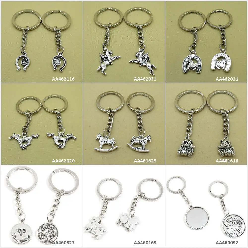 

Antique Silver Keychain Keyring Keytag Key Chain Ring Aries Round Cabochon Base Sheep Goat Tag Chinese Zodiac Rocking Horse Char
