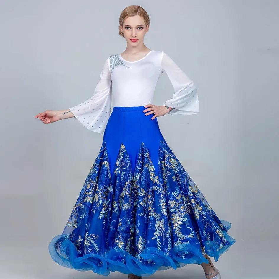 Стандартная Женская юбка, юбки для бальных танцев, топы для фламенко, юбка для фламенко, испанский костюм для фламенко, Одежда для танцев, Одежда для танцев - Цвет: top blue skirt