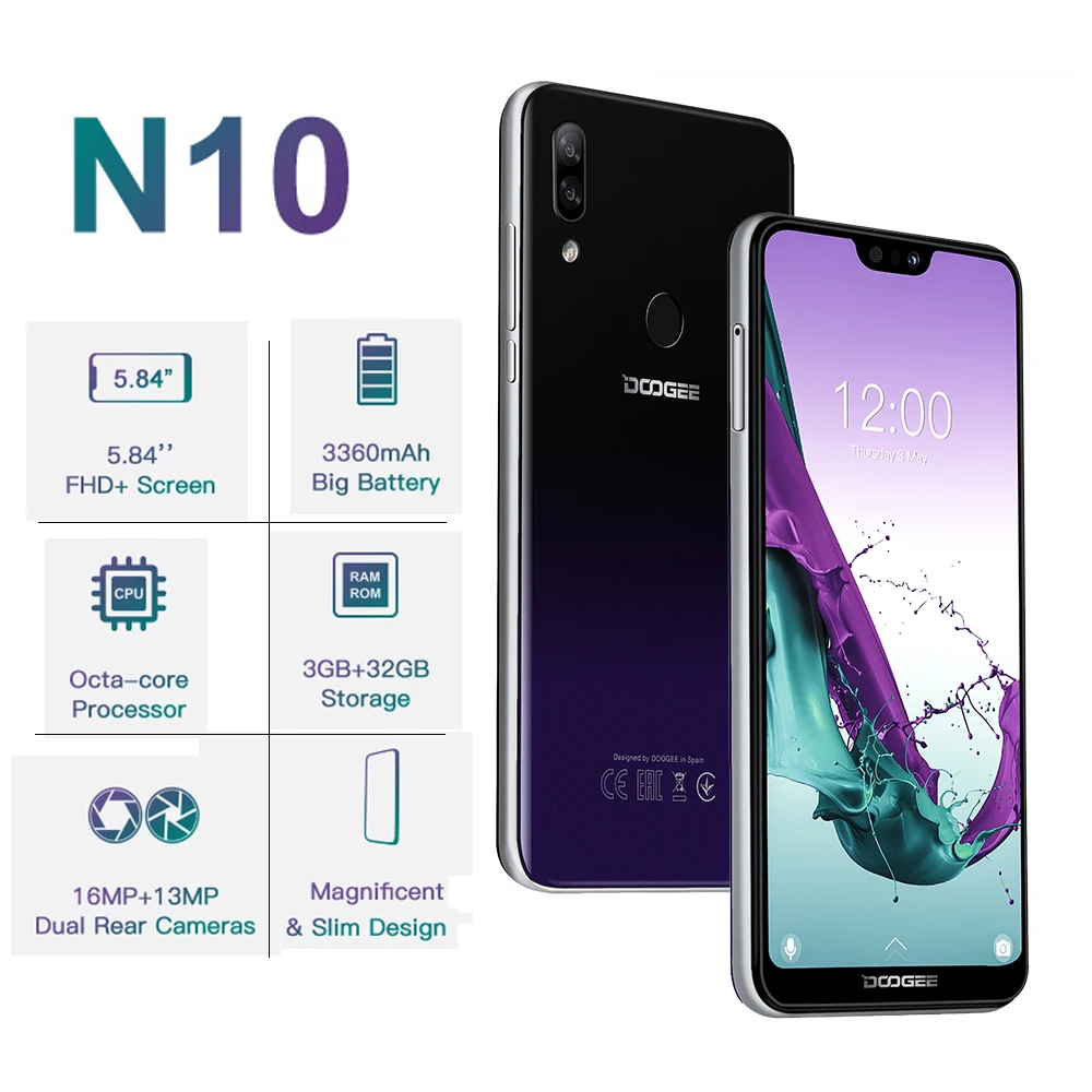 Смартфон DOOGEE N10 4G LTE 3+32 Гб 5 84'' FHD+19:9 камера 16 мп Android 8.1 аккумулятор 3360