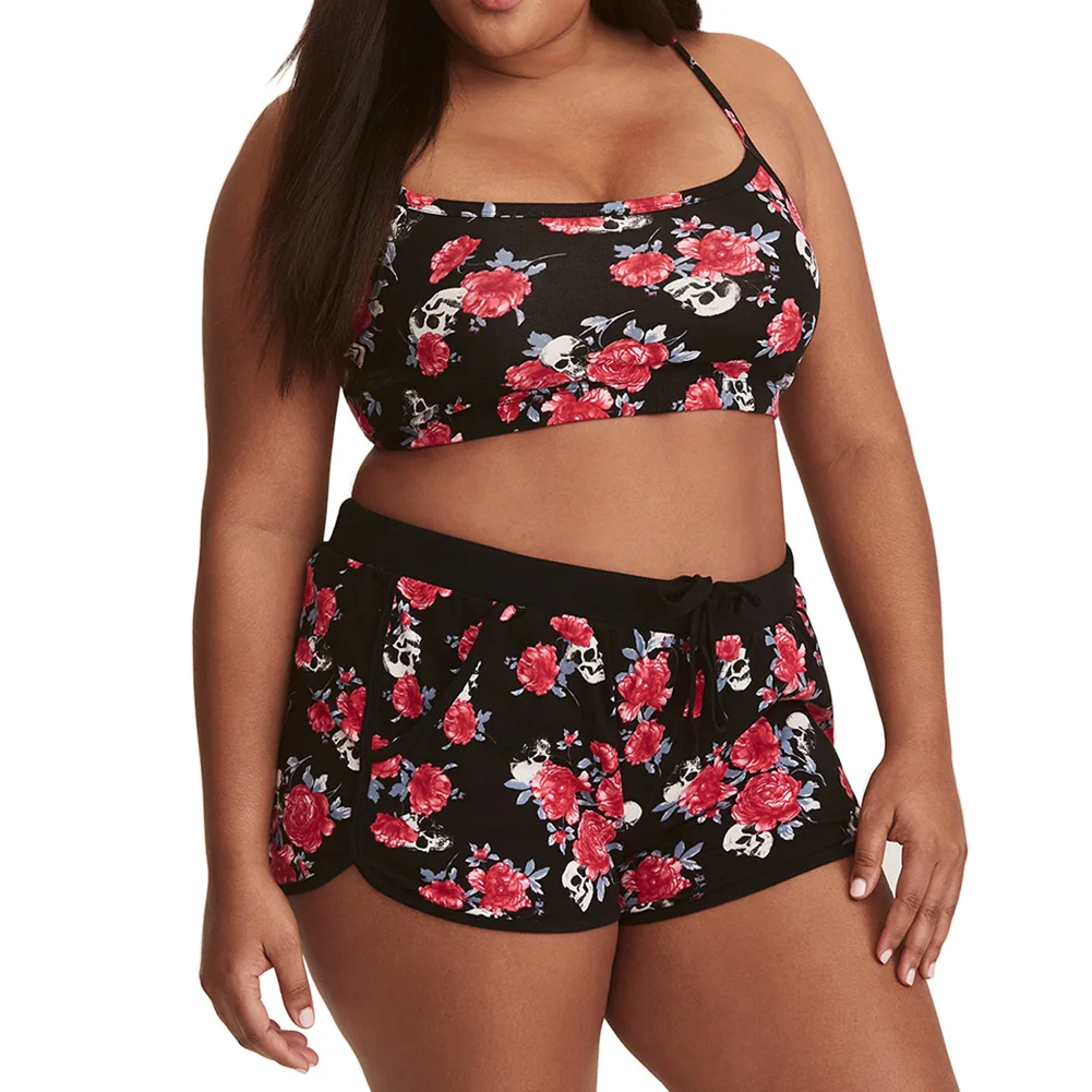 

High Waist Plus Size Women Bikini Set Skeleton Floral Padded Swimsuit Short Bathing Swimwear