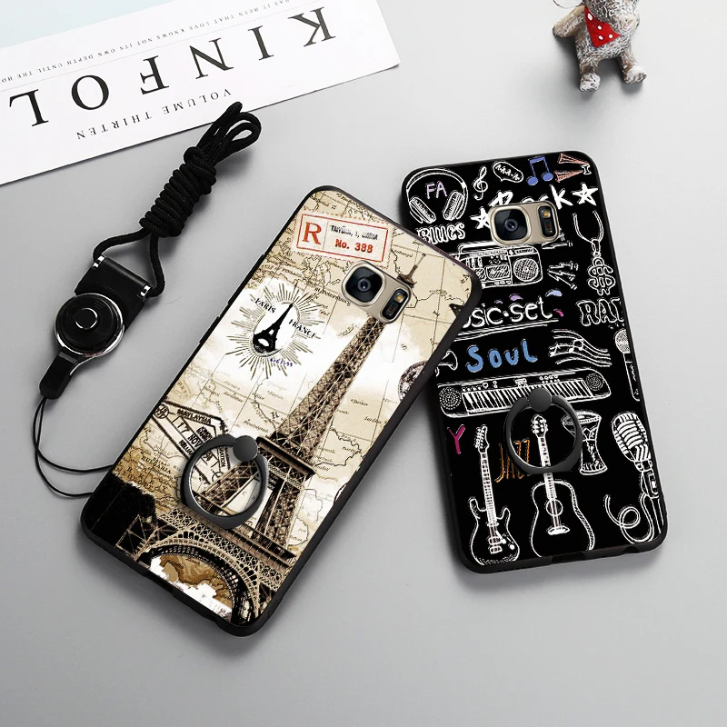 

Finger Ring Stand Holder Case For Samsung Galaxy S7 Edge Duos G935F G935FD G930F G930 Luxury 3D Relief Case With Strap Covers