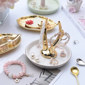 

Golden Antlers Ceramic Jewelry Plate Leaf Dish Jewelry Storage Display Small Jewelry Rack Rings Bracelets Earrings Tray Holder