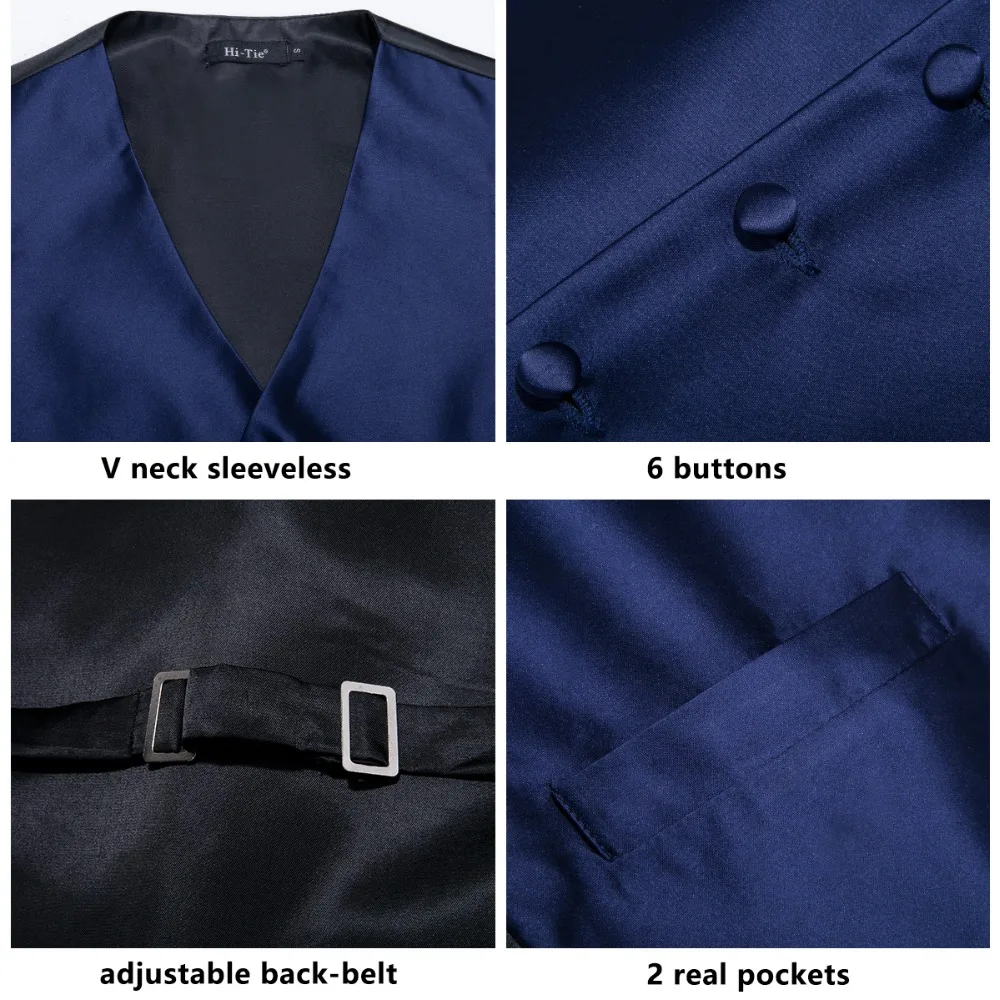 Hi-Tie Men Vest Silk Woven High Quality Men's Blue Solid Waistcoat Vest Tie Pocket Square Cufflinks Set Black Red Vests for Men Hi-Tie Men Vest Silk Woven High Quality Men's Blue Solid Waistcoat Vest Tie Pocket Square Cufflinks Set Black Red Vests for Men