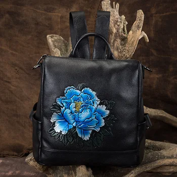 

Genuine Leather Women Backpack Rucksack Peony Pattern Travel Bag Single Shoulder Bags Embossed Cowhide Retro Daypack Knapsack
